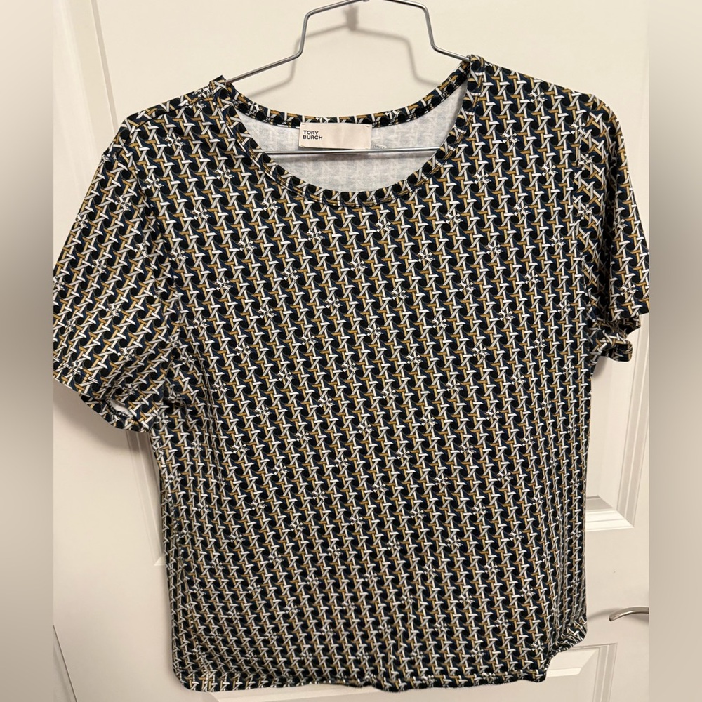Tory Burch Navy and White Geometric Short Sleeve Top